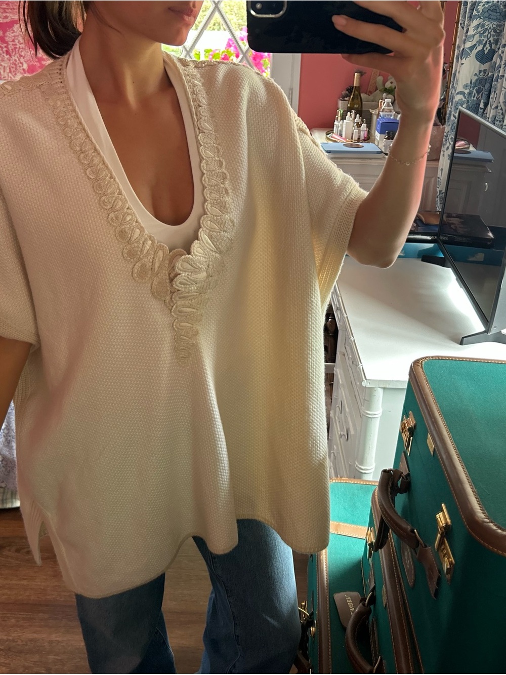 Cream V-Neck Embroidered Knit Tunic Top - Women